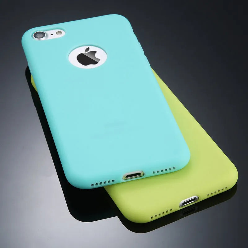 Soft silicone TPU iPhone case in candy colours of red, pink, blue, green, navy, and black.