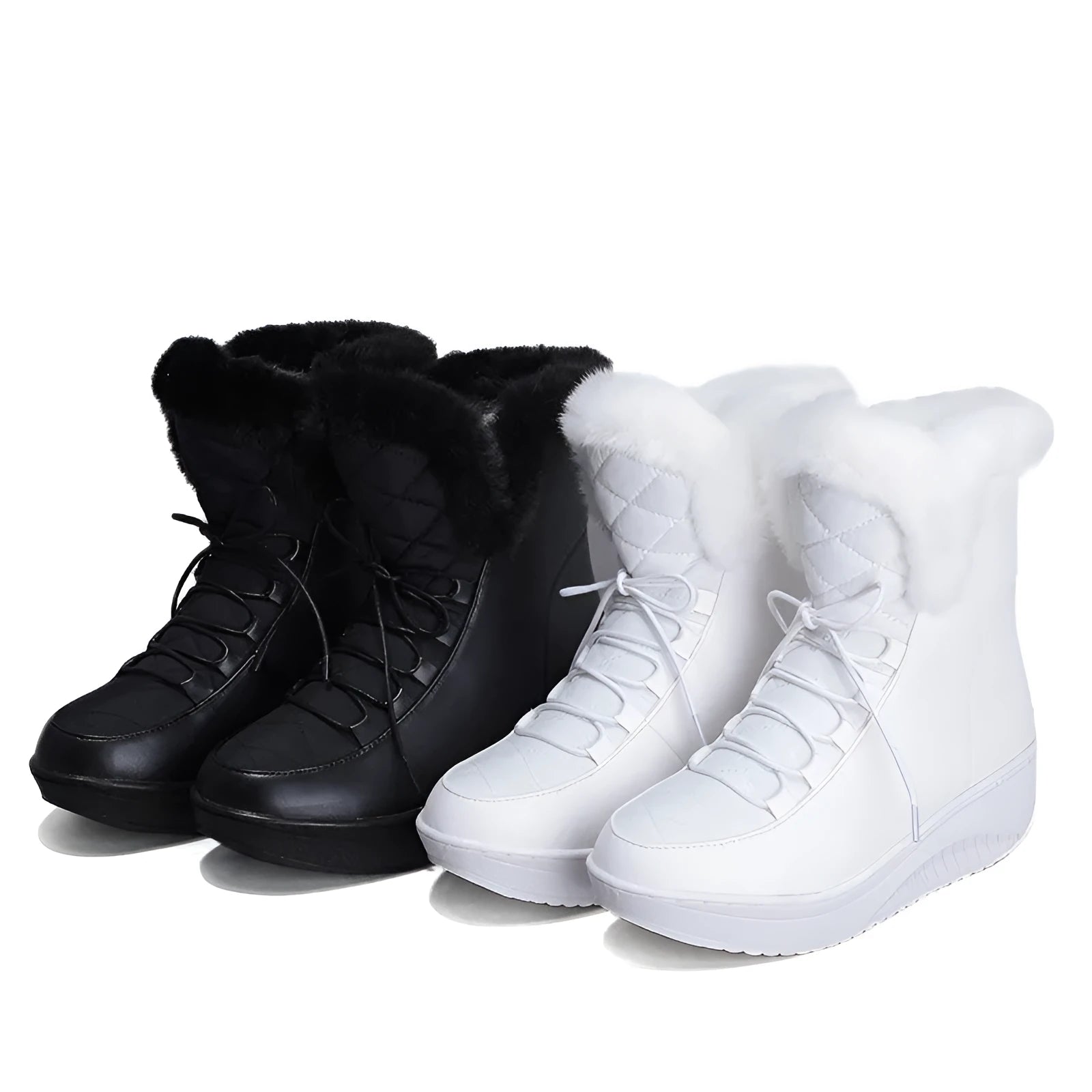 Women's black lace-up winter boots with a platform sole on a neutral background.