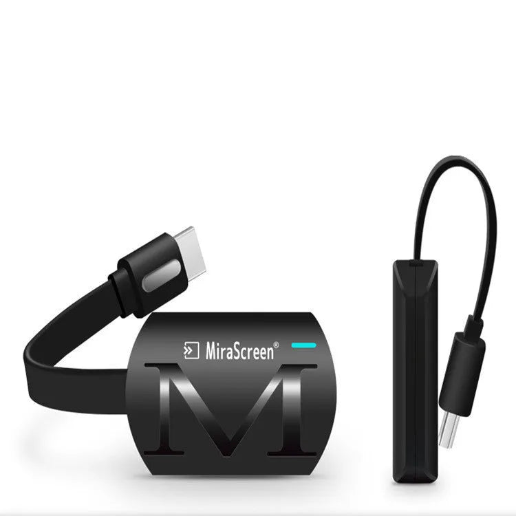 Small black USB HDMI dongle for smartphone screen mirroring with 1080p output.