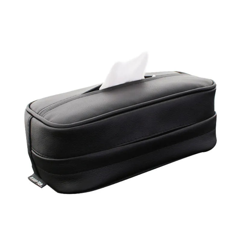 Black leather hanging organiser bag with zip and two loops, shown next to a beige version.