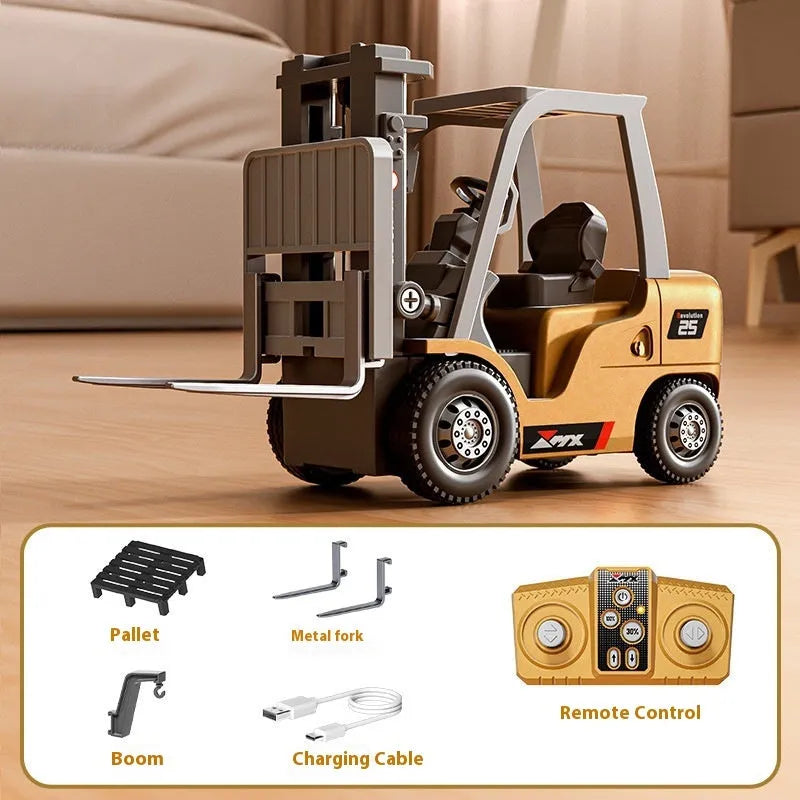 1:64 scale alloy remote control forklift with Bluetooth operation, cargo hook, and loading accessories