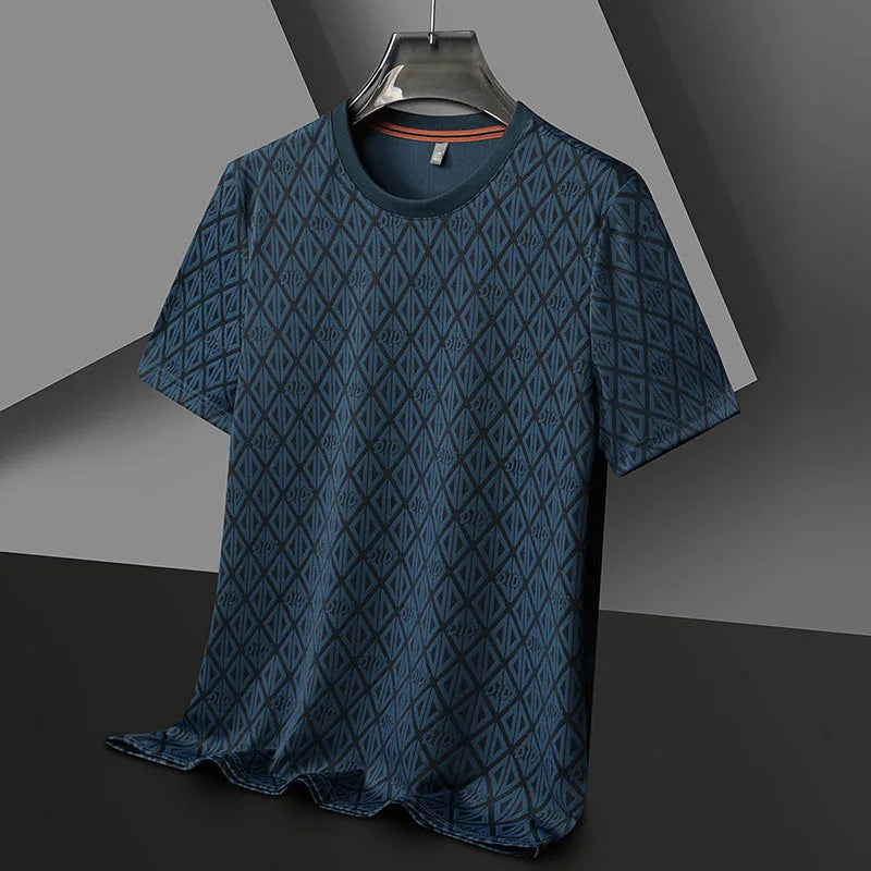 Men's black jacquard pattern short sleeve t-shirt showing loose fit and round neck design