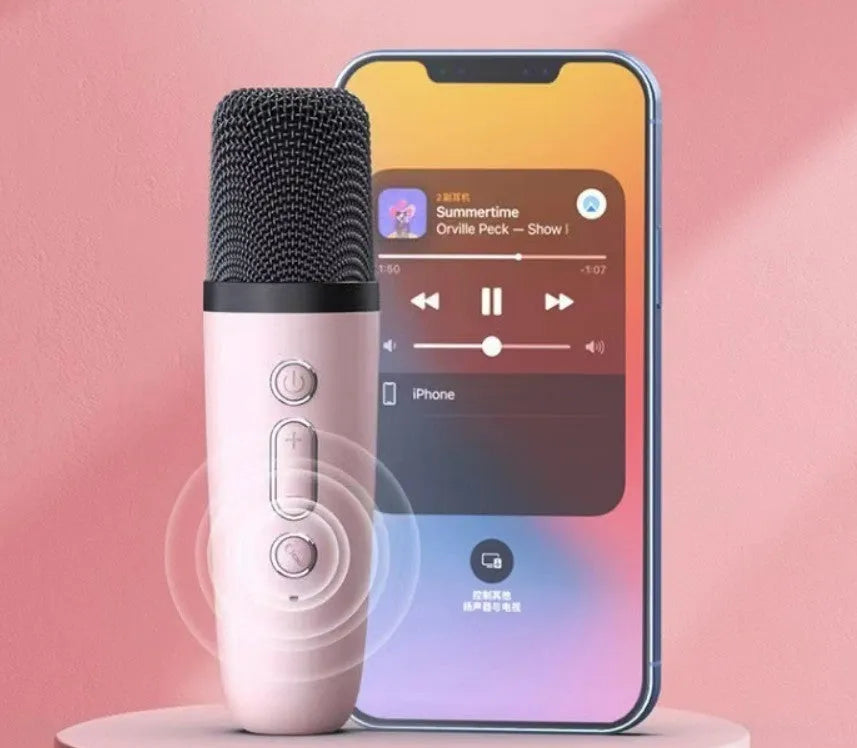 Portable Bluetooth karaoke speaker in white, pink, or sky blue colour with microphone function