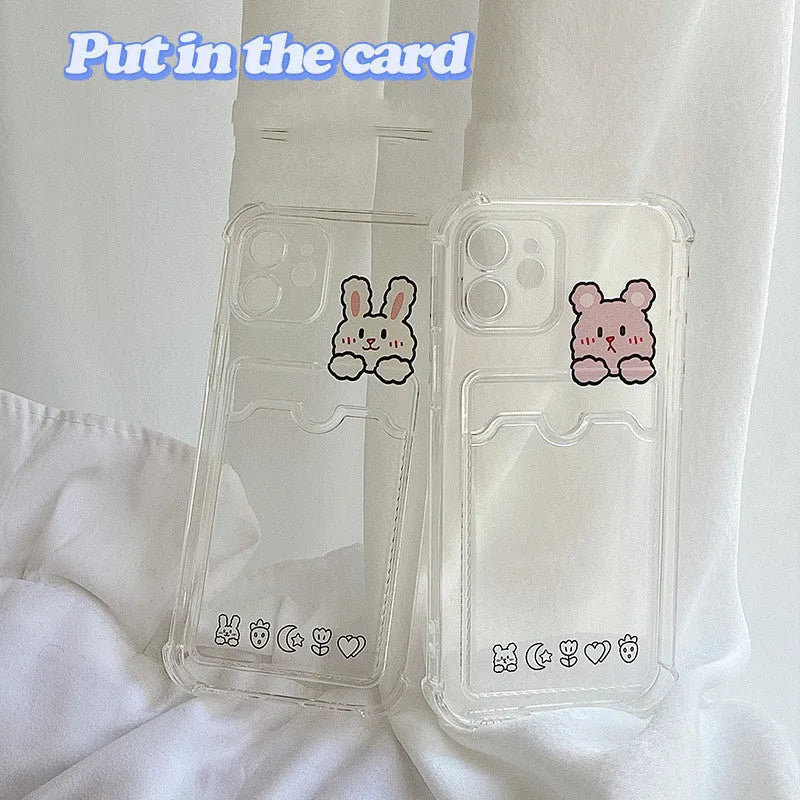 Transparent cartoon iPhone case with card holder slot for iPhone 13 and other models