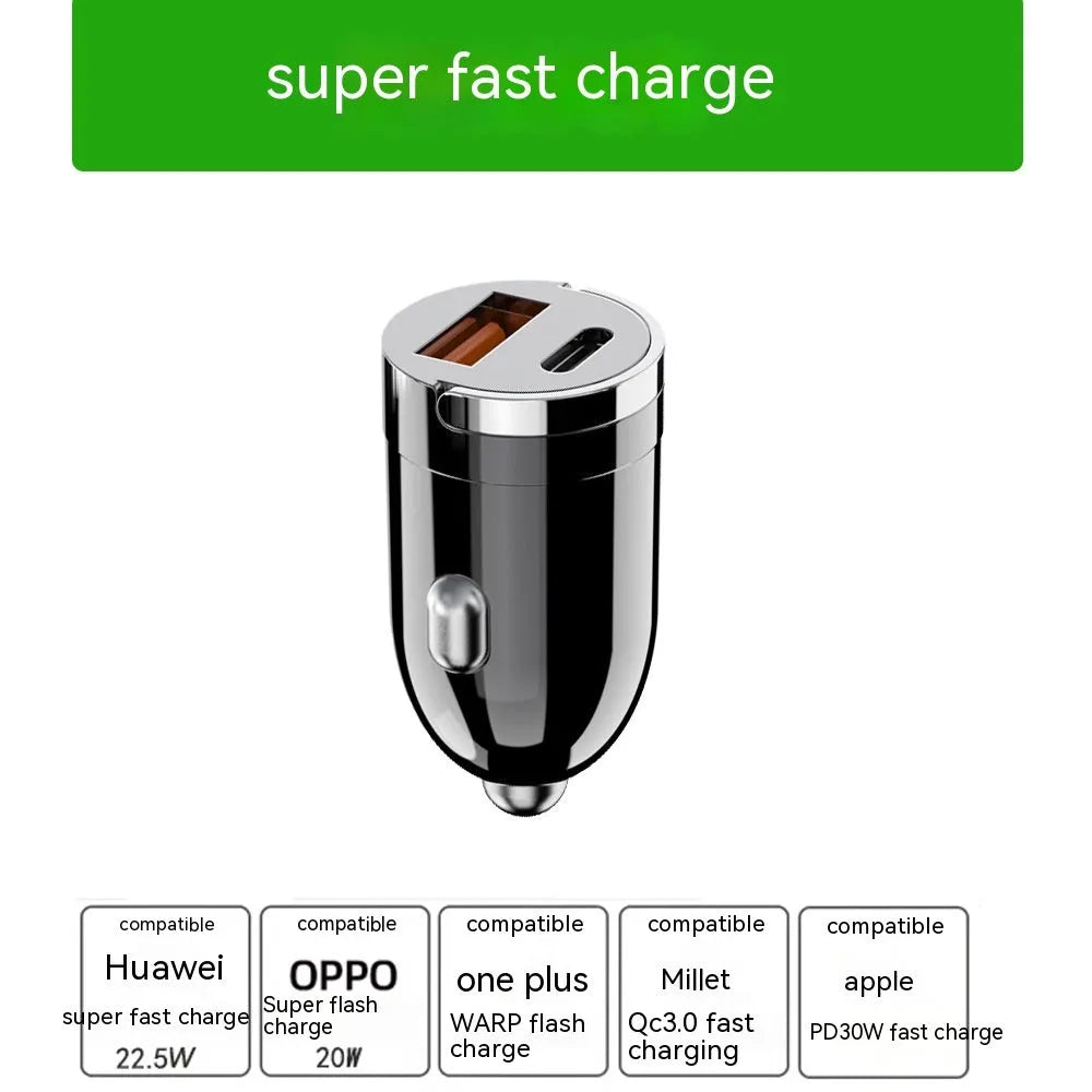 Black zinc alloy car charger with USB port measuring 38mm x 21mm x 21mm