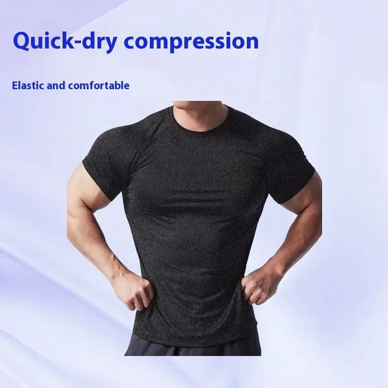Men's black stretch quick-drying short sleeve T-shirt with round neck for running