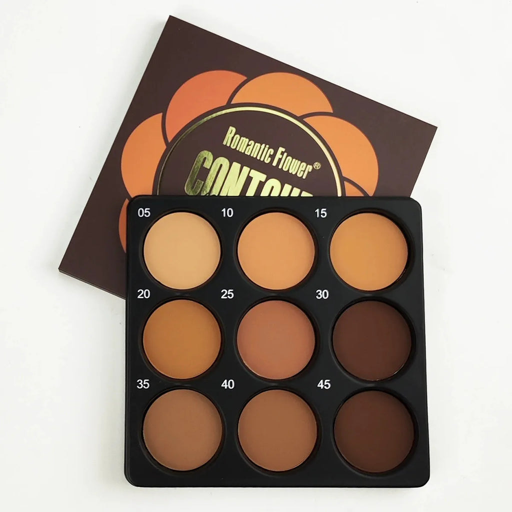 Makeup palette showing 9 dark matte colours in waterproof long-lasting formulation