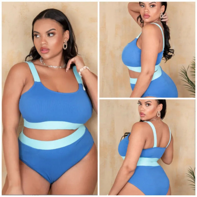 Women's pure colour high-waisted bikini set with stitching detailing on polyester fabric