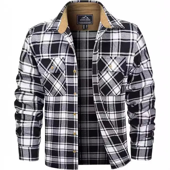 Men's plaid flannel button shirt in cardigan style showing colour options