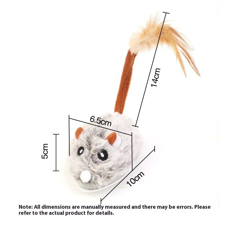 Electric self-moving cat toy with pink plush mouse attachment showing Type-C charging port