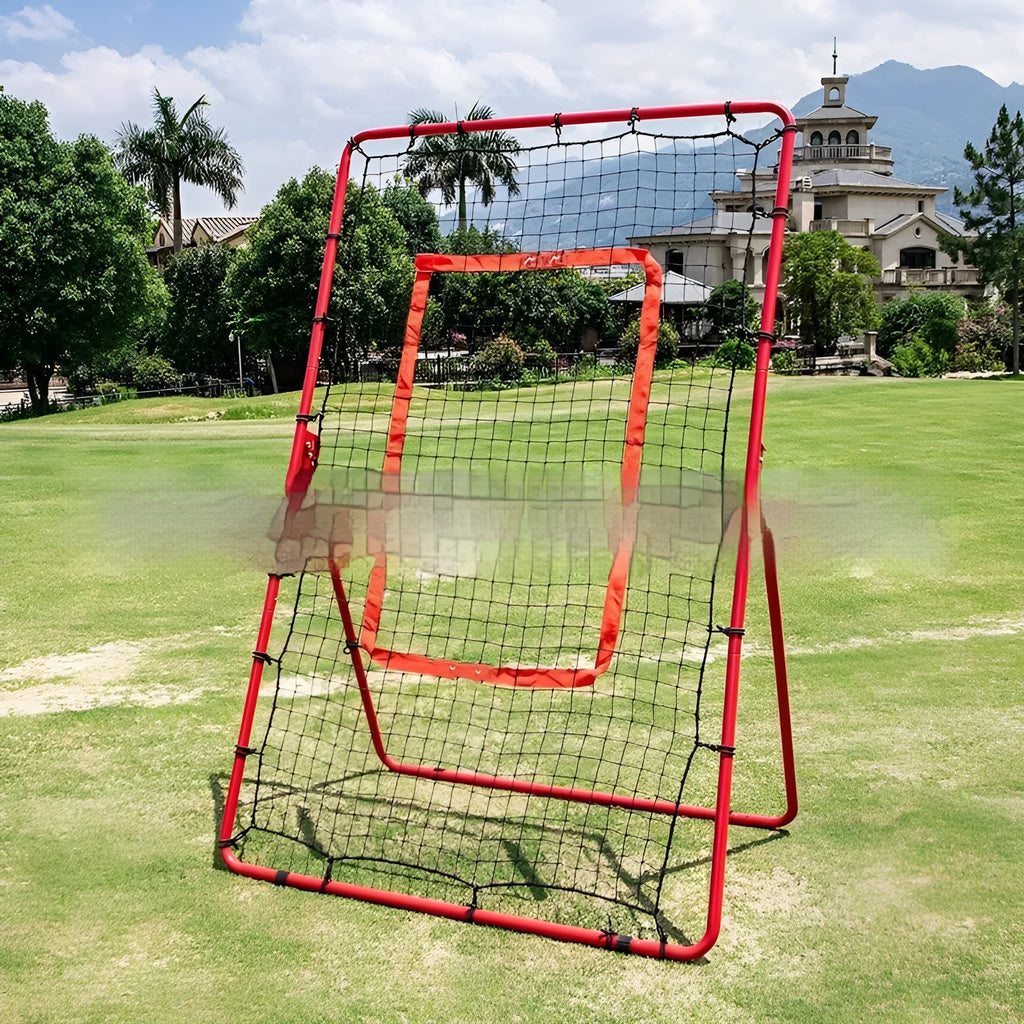 Red 4x6ft baseball training net with adjustable metal frame for sports practice