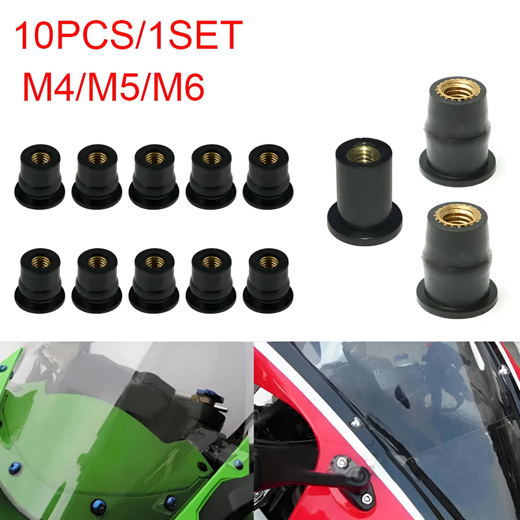Motorcycle windshield rubber expansion well nut fasteners with brass cores, 10-piece kit including M4 M5 M6 sizes