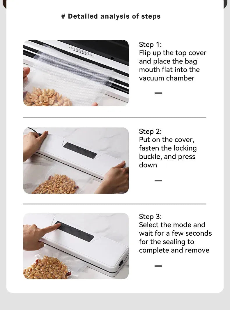 Small white automatic vacuum sealer machine for home food preservation on a kitchen counter.