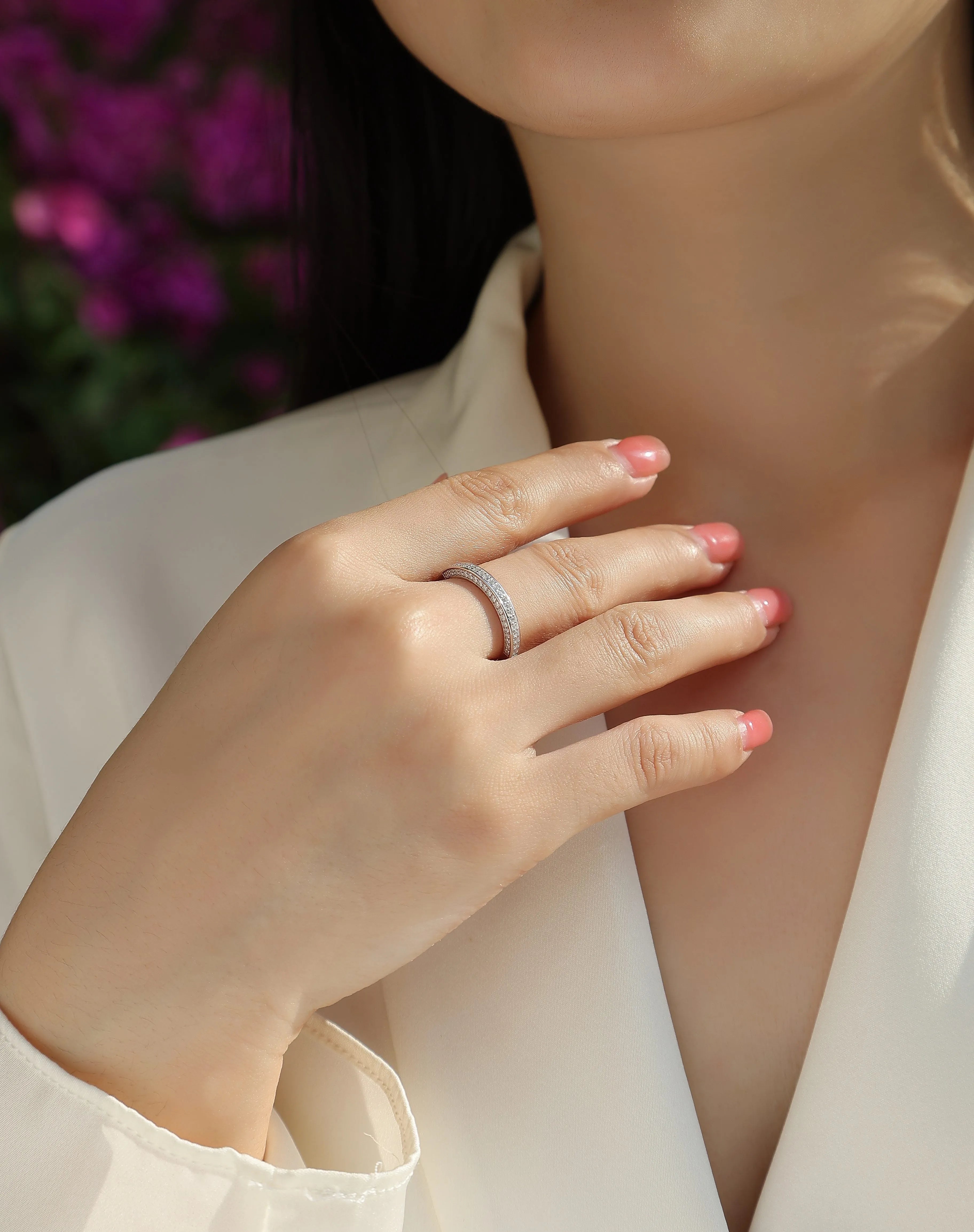 The Plucked Star moissanite wedding ring set in S925 silver with platinum plating, available in multiple colours