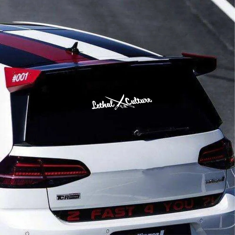 Silvery white and yellow vinyl family stickers for car rear windshield in 58x13cm and 30x6.6cm sizes.