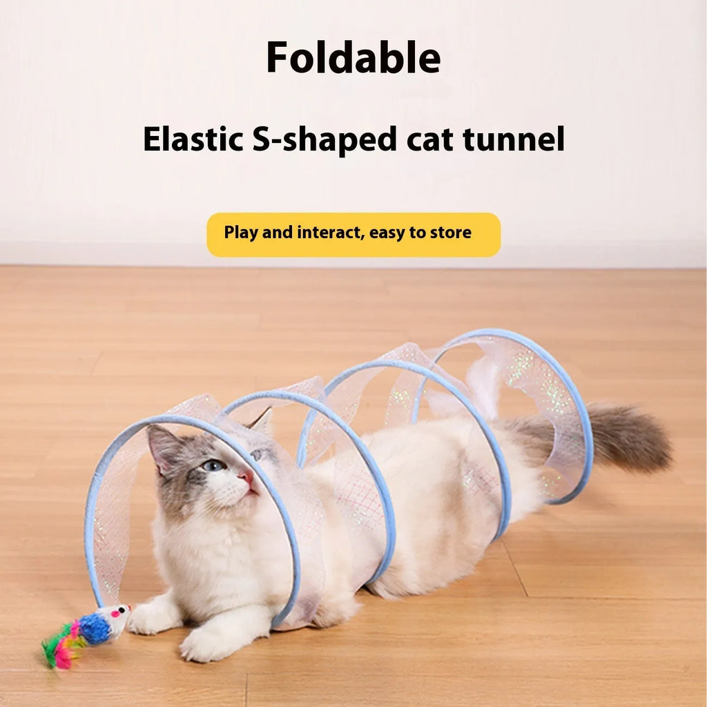 S-type cat tunnel toy with elastic net covering and feather, shown on a floor.
