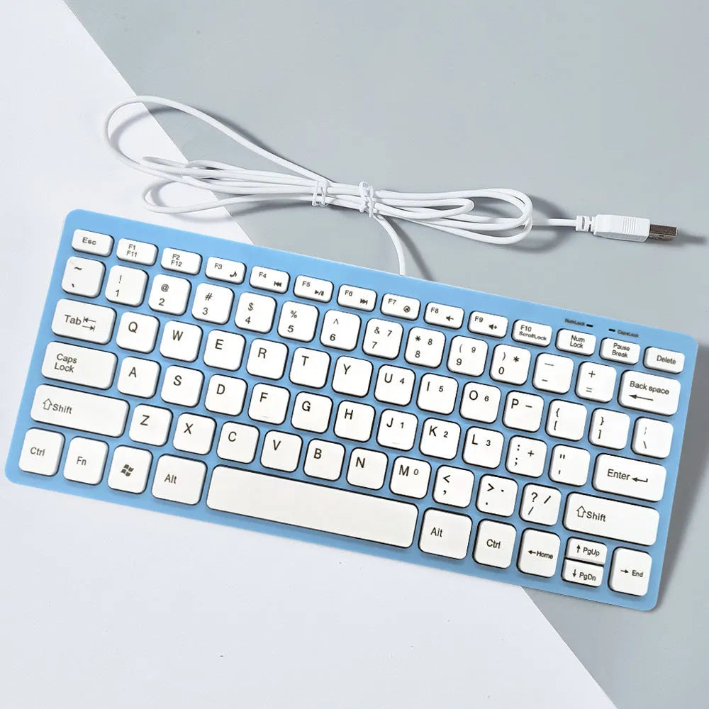 Mini USB wired keyboard in black, white, pink or blue colours with noiseless keys
