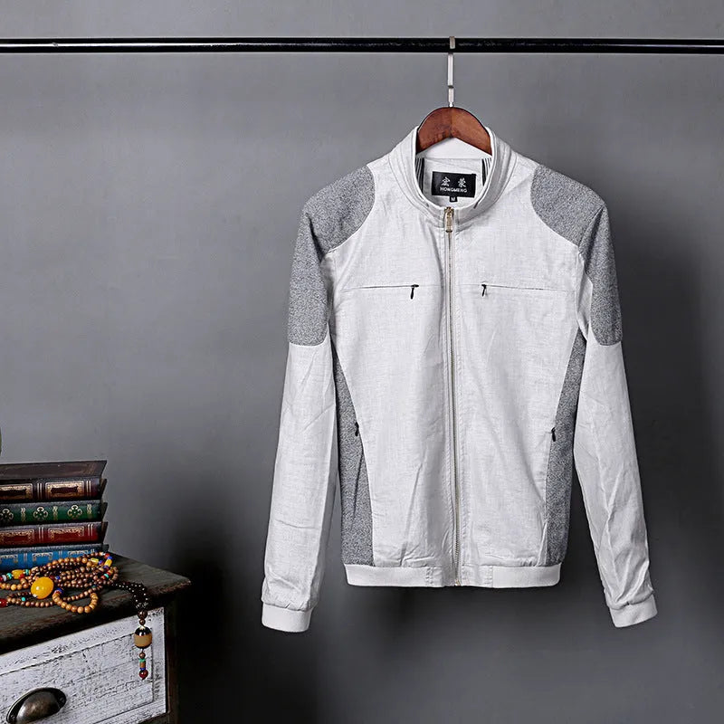 Men's lightweight cotton linen jacket in regular fit, shown in heather grey, grass green, and blue colour options.