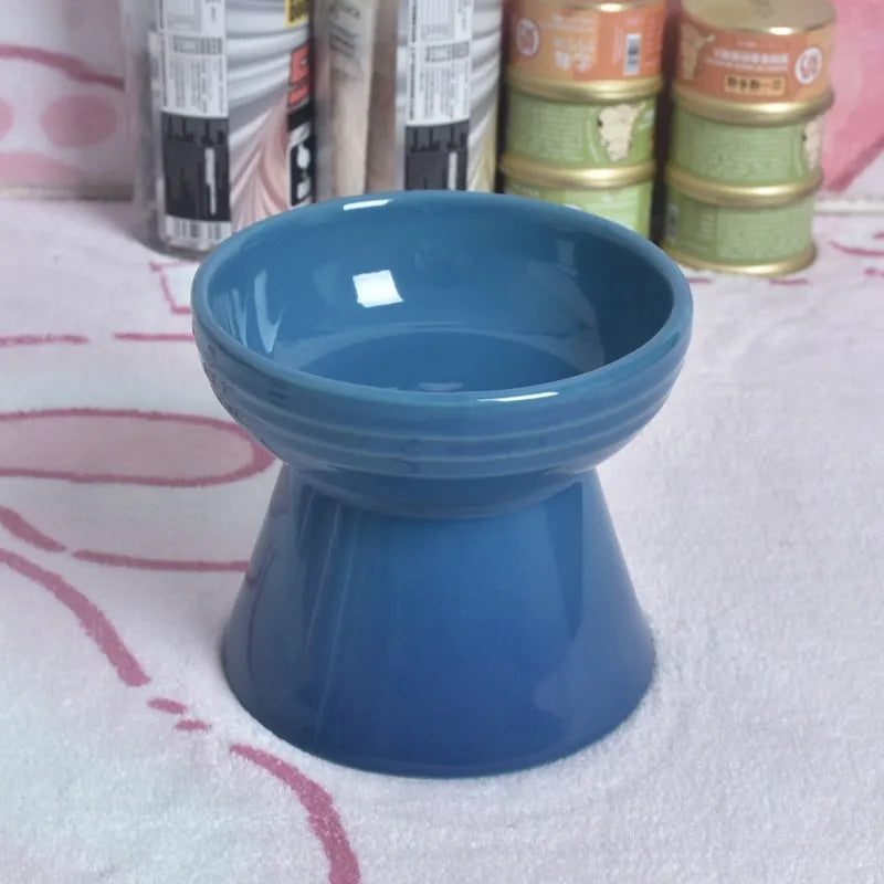 Black ceramic pet bowl with high foot neck protector design for anti-tumble feeding