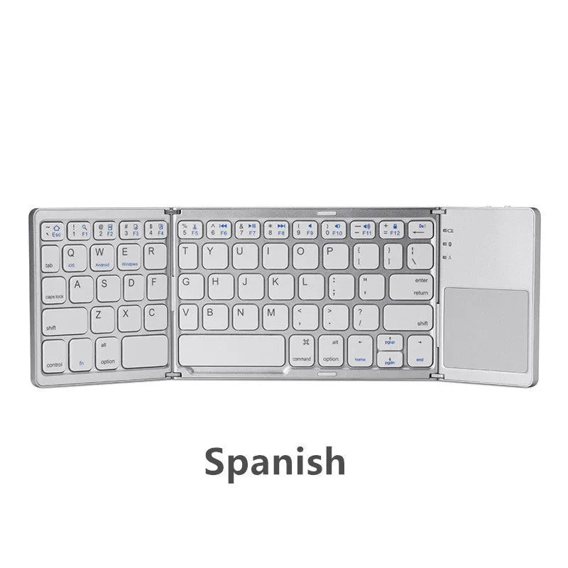 Black tri-fold folding Bluetooth keyboard with built-in touchpad, shown both folded and unfolded