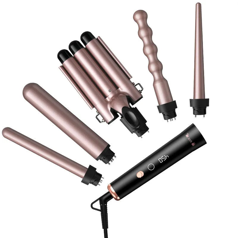 Rose gold five-in-one hair curler with LCD screen and multiple interchangeable barrels