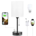 Taye C USB charging fabric table lamp with zipper switch, white cotton linen shade on study desk
