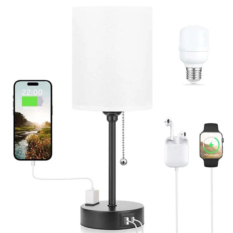 Taye C USB charging fabric table lamp with zipper switch, white cotton linen shade on study desk