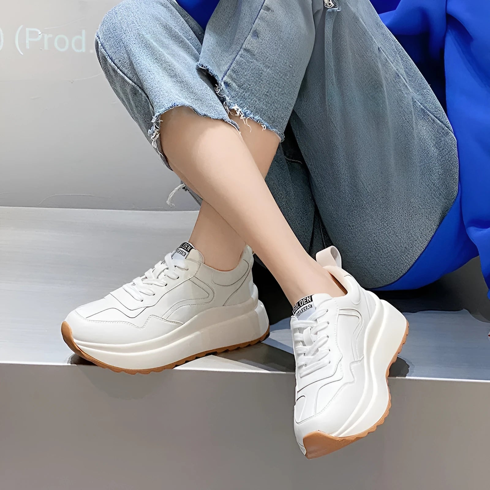 Women's white beige cowhide leather casual sports shoes with cross strap and English muffin heel
