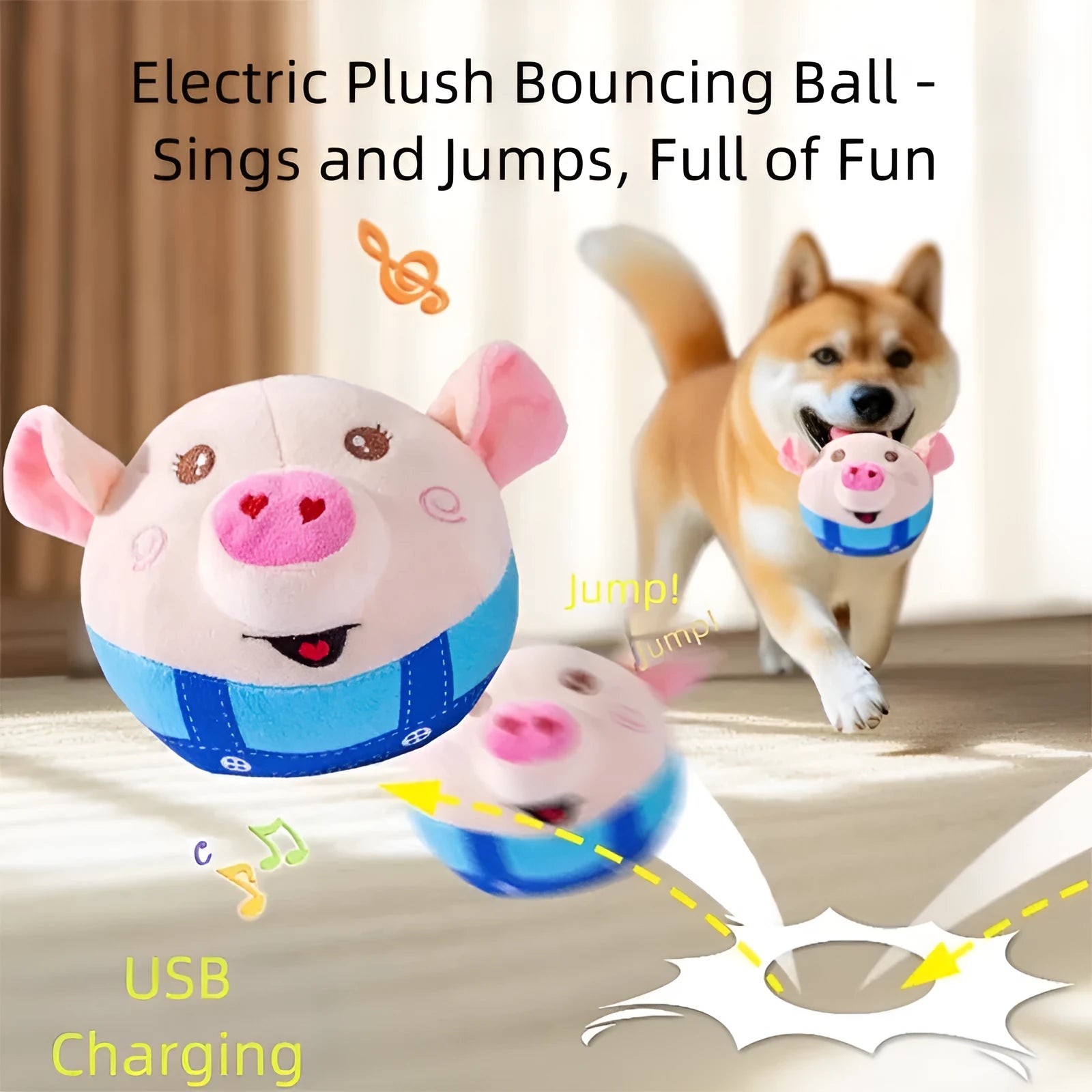 Dog plush piglet toy with electric jumping ball and recording mode for interactive pet play