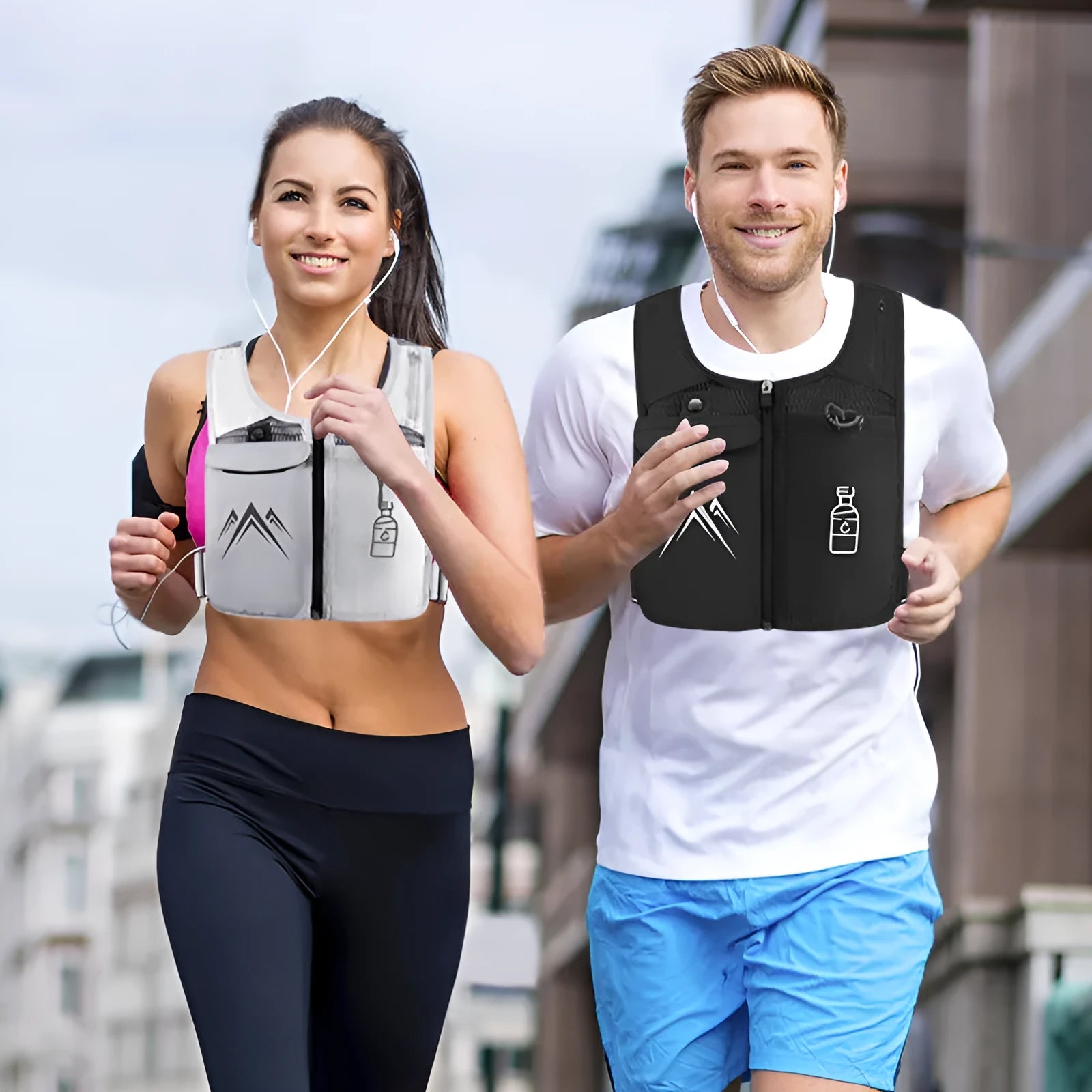 Breathable grey sports running vest with a front mobile phone pouch and a separate black water bottle bag.
