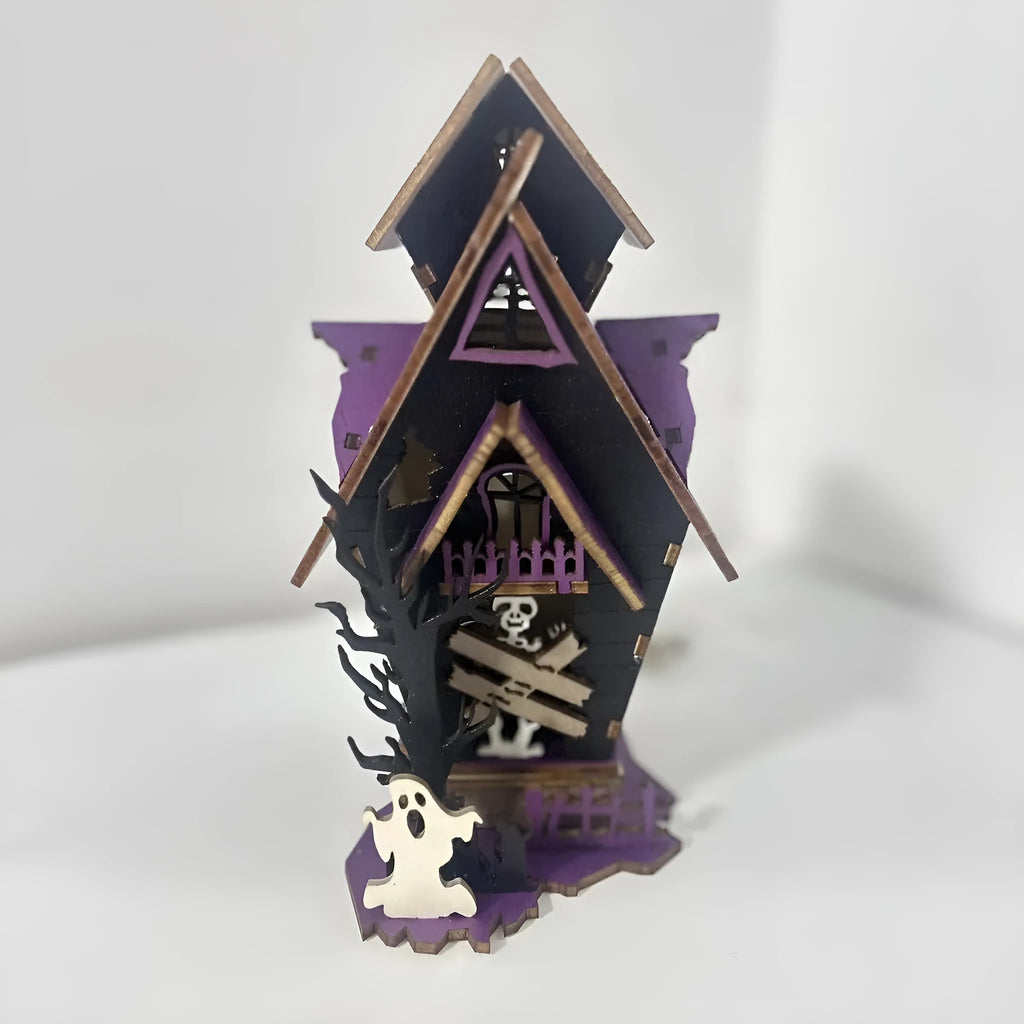 Wooden Halloween haunted house decoration with luminous finish on tabletop