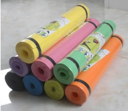 EVA yoga mat in six colours showing 4mm and 6mm thickness options for fitness exercise