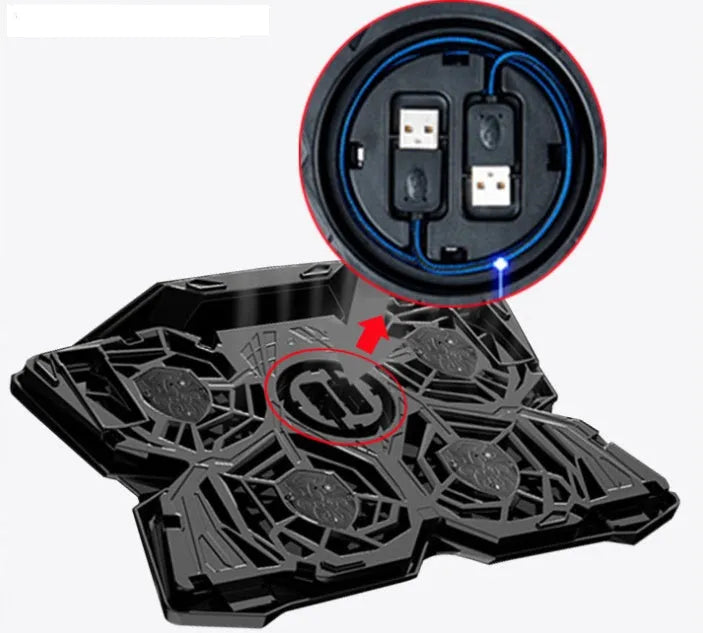 USB-powered computer cooling pad with four blue LED fans, two speed switches, and two USB ports on the side