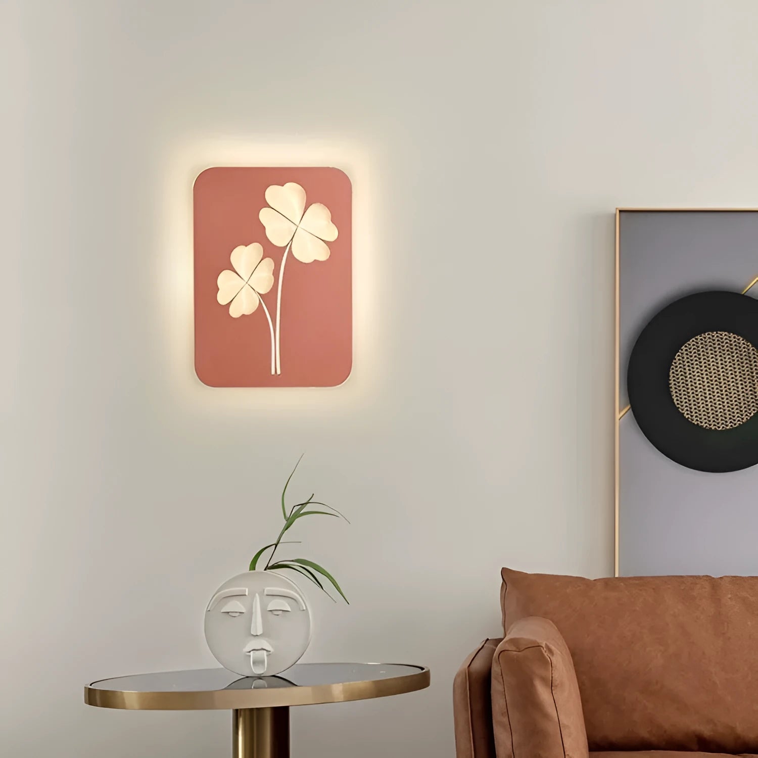 Modern bedside lamp with acrylic shade and iron construction showing tricolour LED illumination