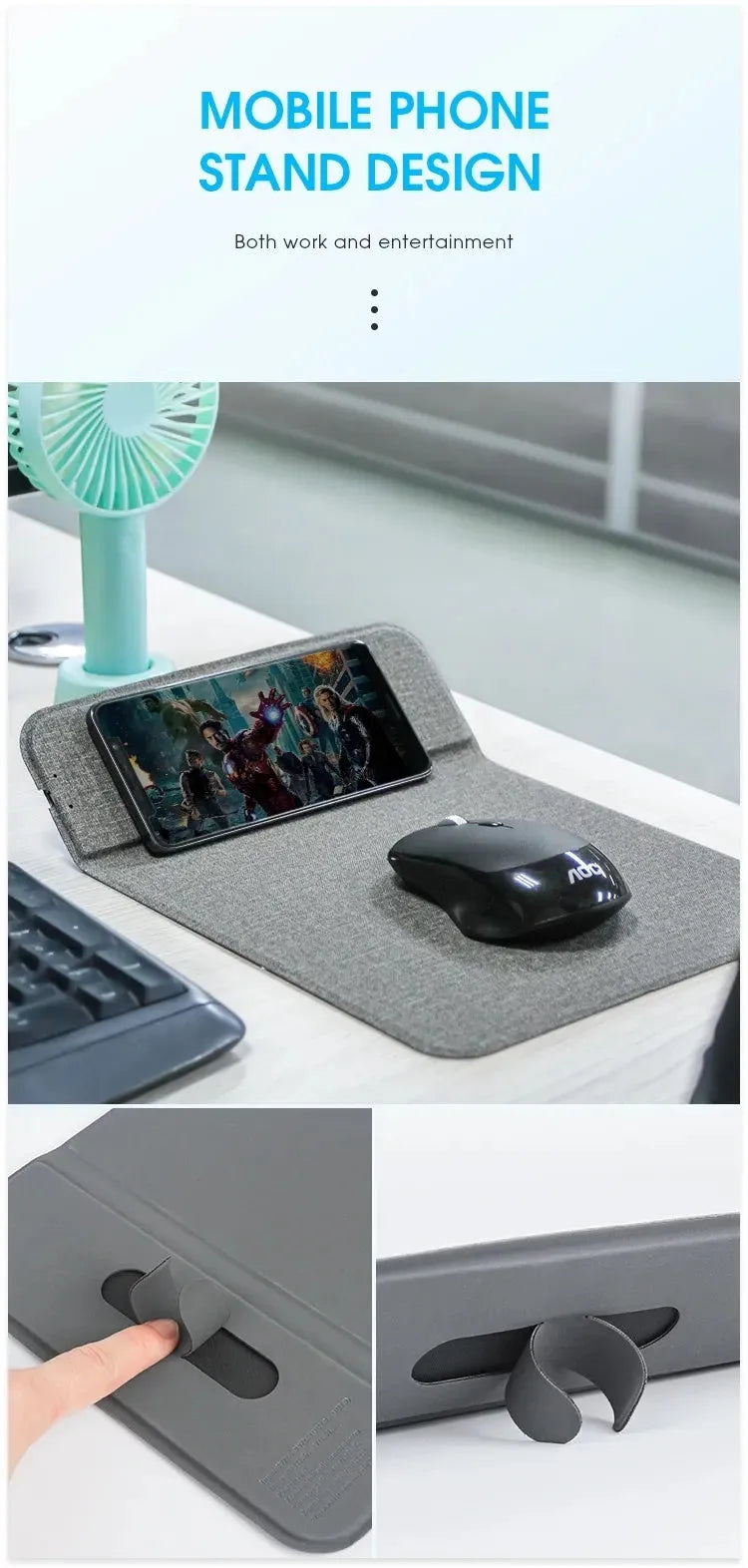 Foldable cloth wireless charging phone holder showing 10W fast charging capability