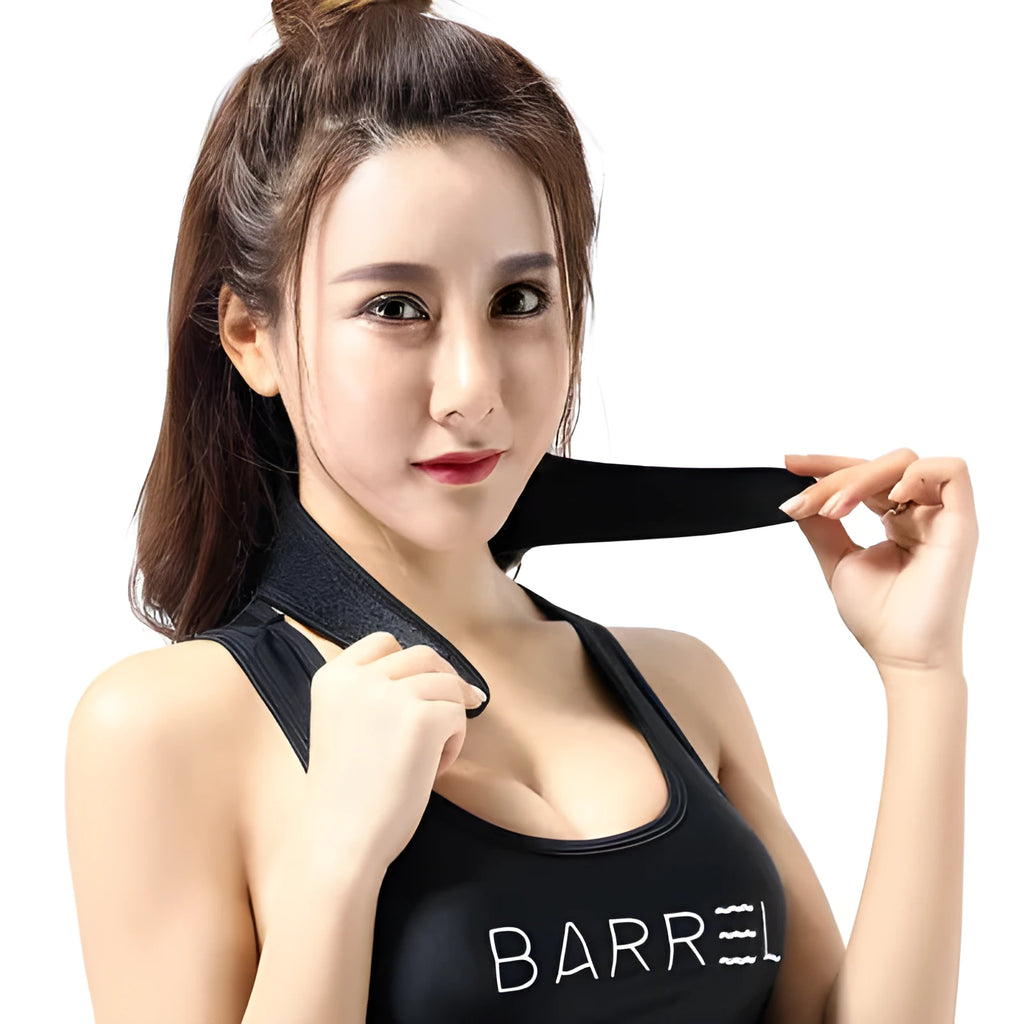 Black self-heating magnetic therapy neck guard with adjustable shoulder strap