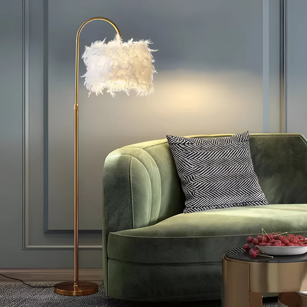 LED white feather floor lamp with gold copper finish and curved iron stand 155cm tall