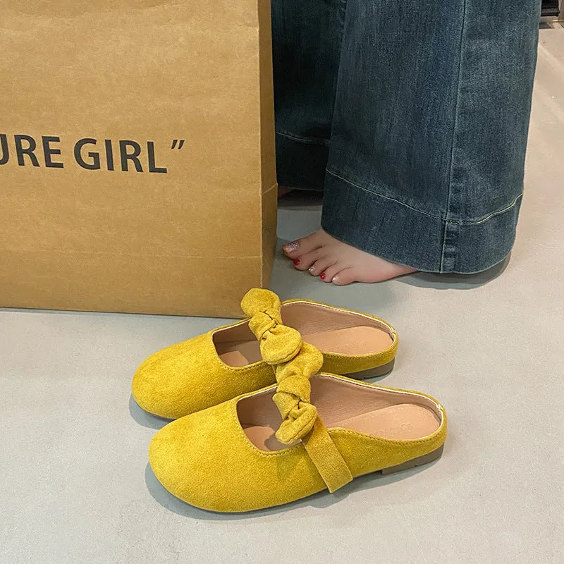 Plus size women's bow toe half slippers in artificial PU, rubber sole, apricot colour, sizes 35-43