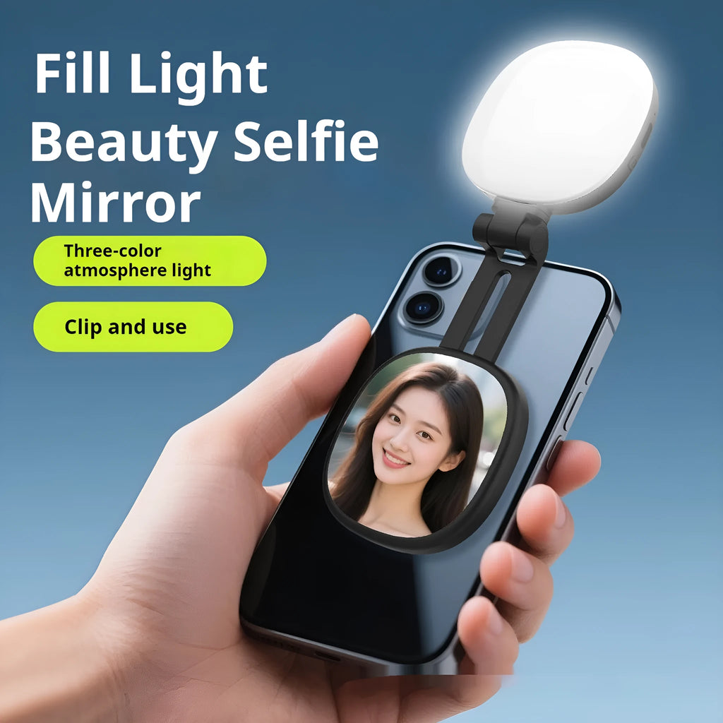 Black and white mobile phone selfie fill light with makeup mirror showing dimensions 61.2 x 76 x 25 mm