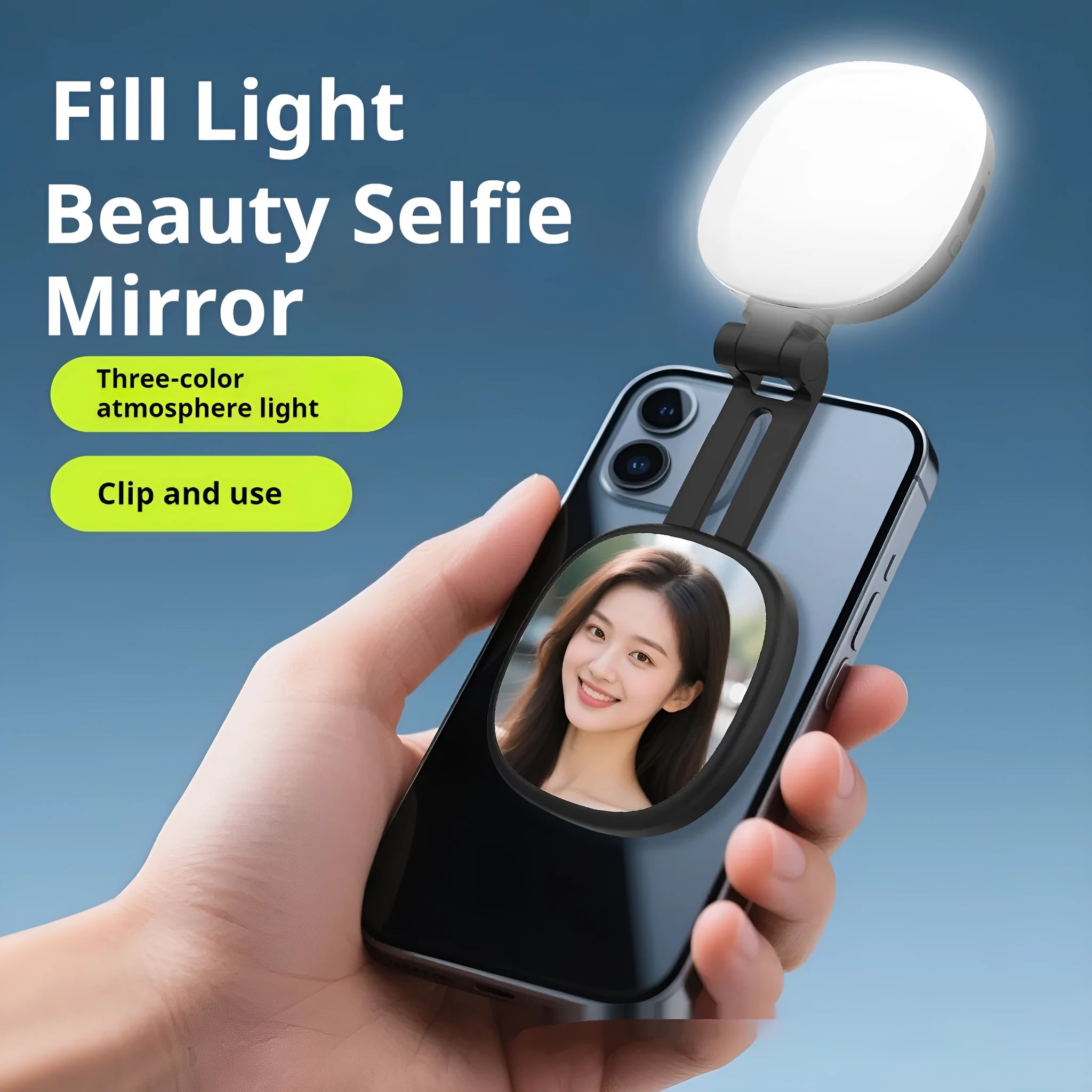 Black and white mobile phone selfie fill light with makeup mirror showing dimensions 61.2 x 76 x 25 mm