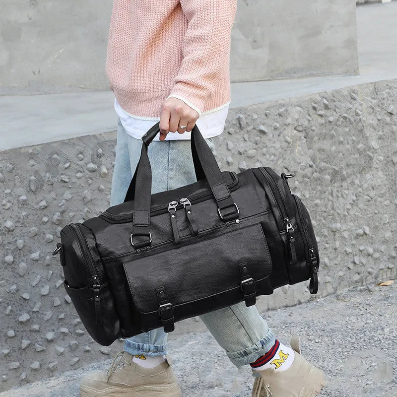 Black PU travel bag for shoes with zippered compartment showing dimensions 52cm long by 19cm wide