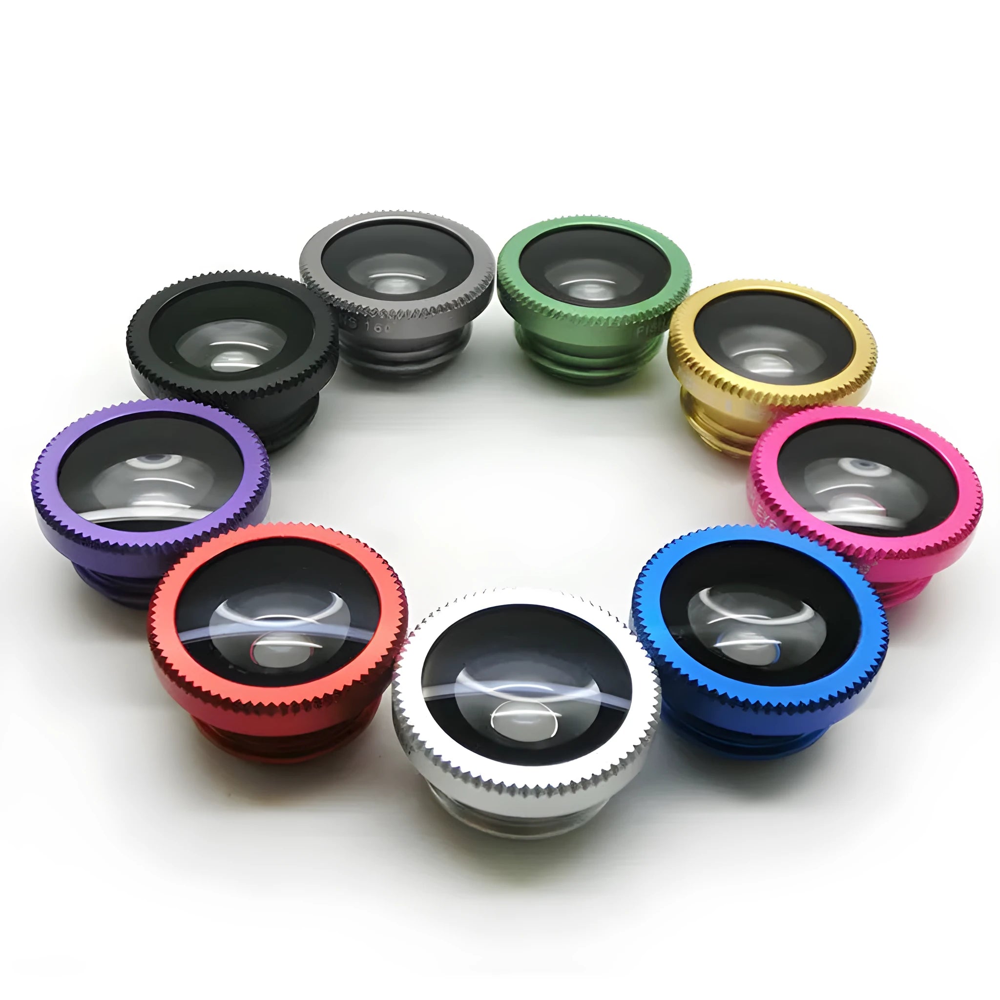 Three mobile phone lenses: fisheye, wide-angle and macro in a kit with colour options