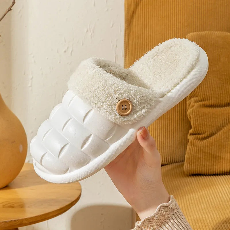 Plaid patterned detachable slippers with a warm plush lining and a textured EVA nonslip sole.
