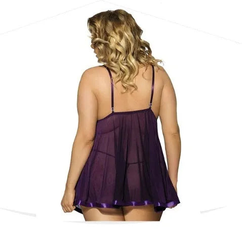 Women's purple mesh and lace lingerie sleepdress on a hanger, showing seamless sling dress style.