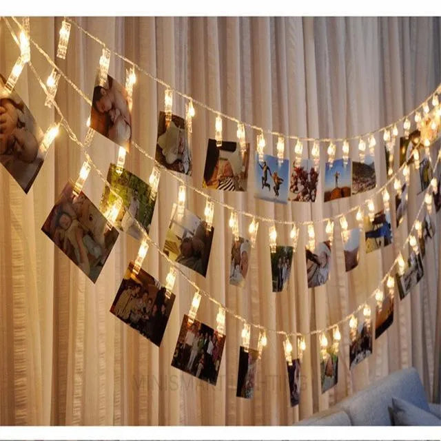 LED photo holder string lights with wooden clips and warm light, showing photos clipped to the string, 160 cm length