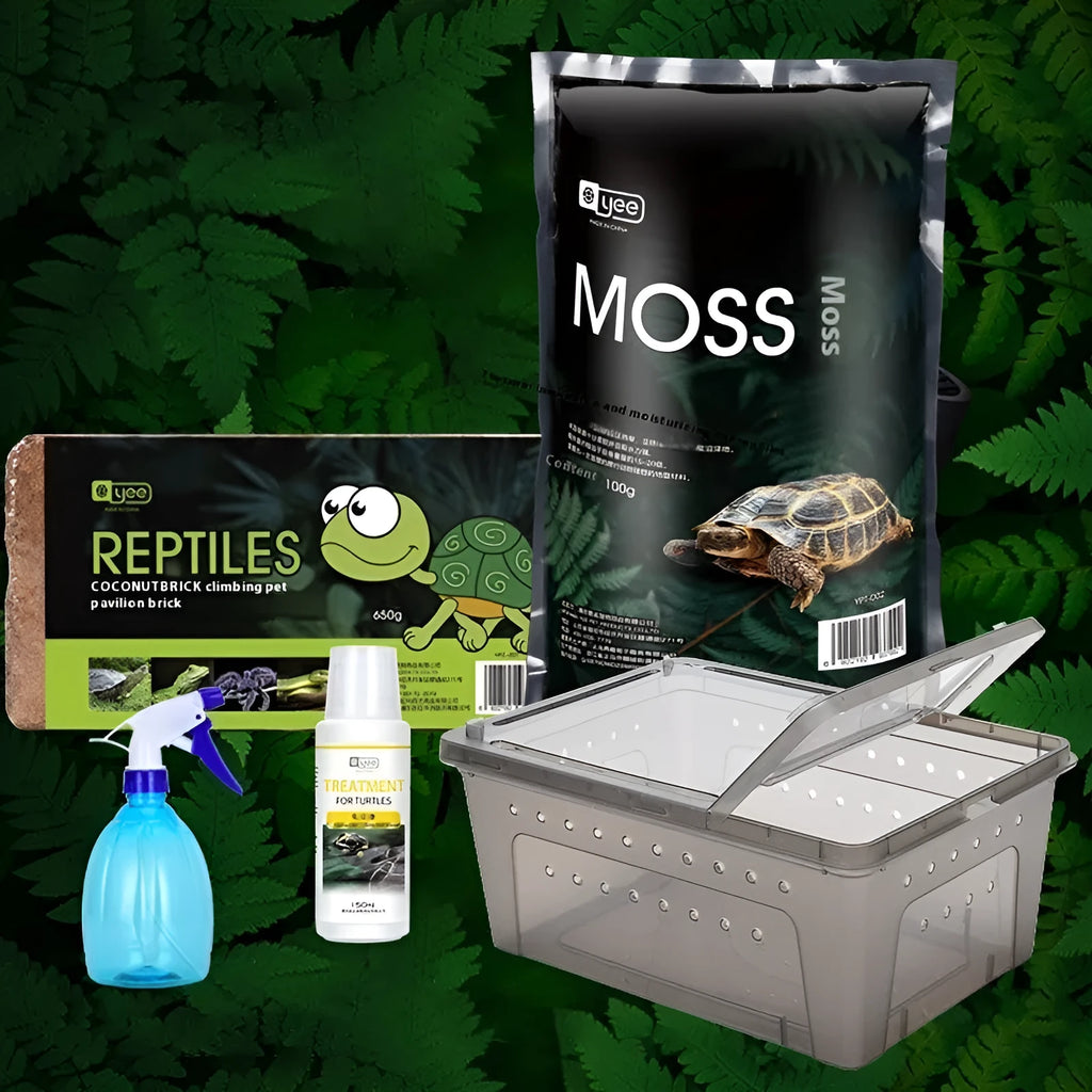 Climbing pet hibernation box set with coconut soil block, moss, and spray bottle