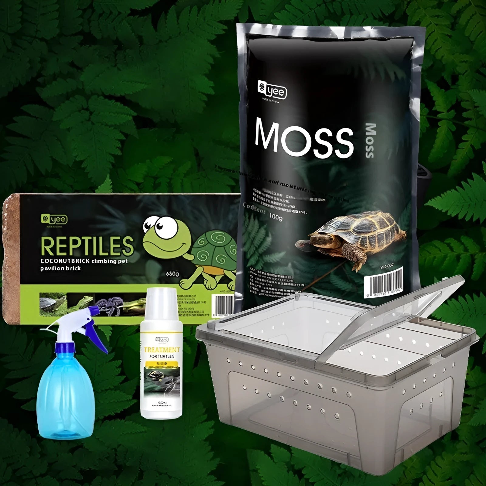 Climbing pet hibernation box set with coconut soil block, moss, and spray bottle