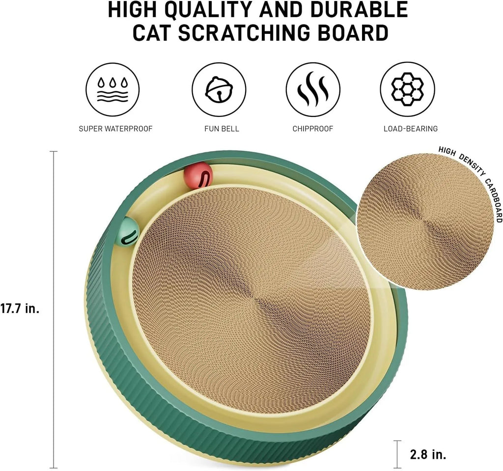 Large green circular cat scratching board with replaceable core and integrated ball toys