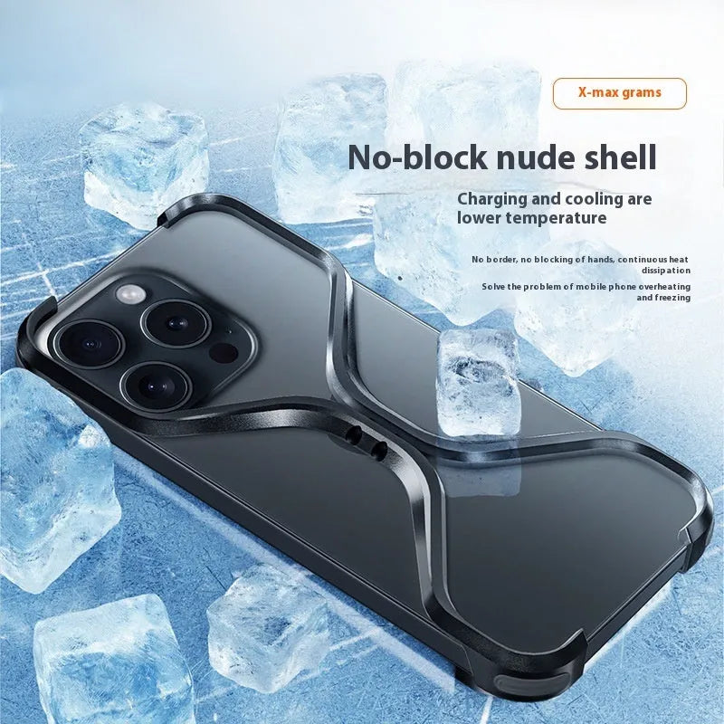 Metal frameless hollow phone case for iPhone with dark gray finish and exposed metal back