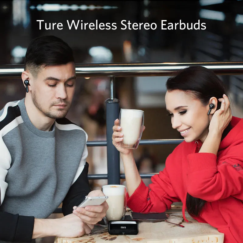 Black and white true wireless Bluetooth earbuds with charging case.